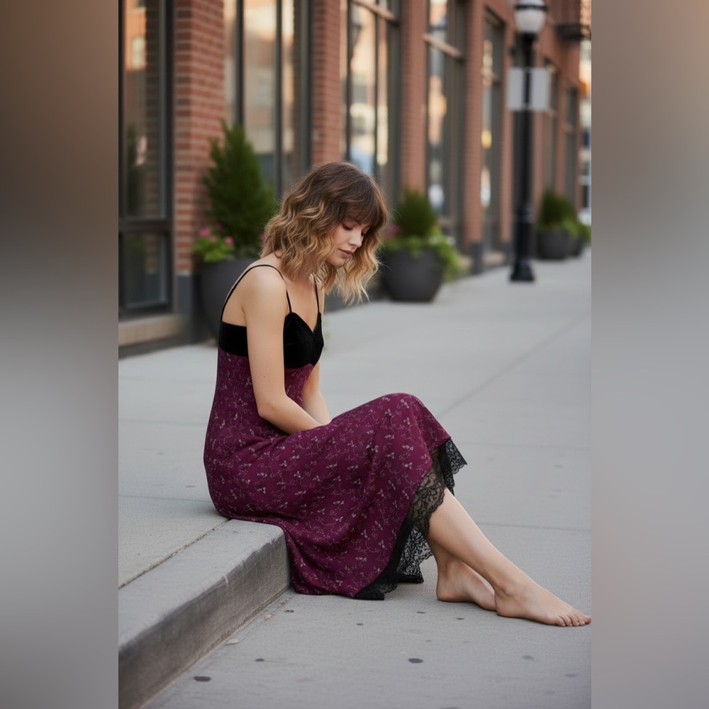 90’s Steppin' Out Burgundy Black Floral Metallic Lace Fitted Maxi Grunge Dress - Picture 7 of 10